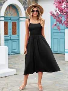 StyleCast Black Solid print Smocked Shoulder Straps Fit & Flare Midi Dress