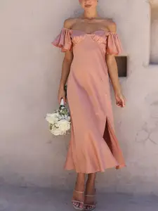 StyleCast Pink Off-Shoulder Flutter Sleeves A-Line Midi Dress