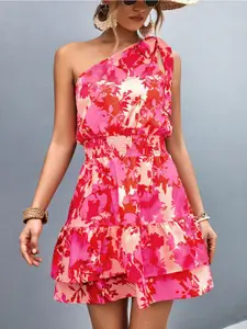 StyleCast Red & Pink Floral Printed One Shoulder Fit & Flare Dress