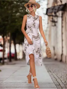 StyleCast Khaki Abstract Printed Cowl Neck Fit & Flare Dress