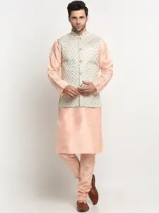 KRAFT INDIA Mandarin Collar Pure Silk Kurta & Churidar With Nehru Jacket