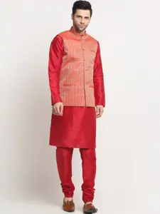 KRAFT INDIA Pure Silk Straight Kurta With Churidar And Woven Design Nehru Jacket