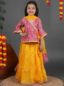 Maaikid Girls Floral Printed Angrahka Pure Cotton Kurta With Skirt & Dupatta