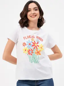 Mast & Harbour White Floral Printed Pure Cotton T-shirt