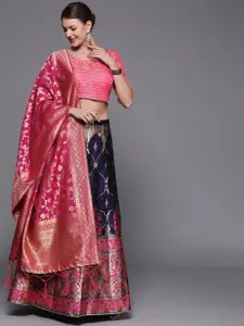 Sangria Navy Blue Woven Design Banarasi Silk Semi-Stitched Lehenga Choli