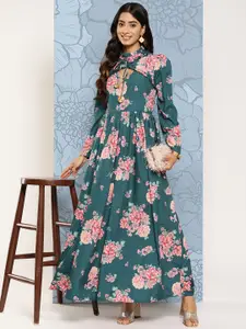 Ahalyaa Floral Print Puff Sleeves Tie-Up Neck Crepe Ethnic Gown With Cut-Out Detail