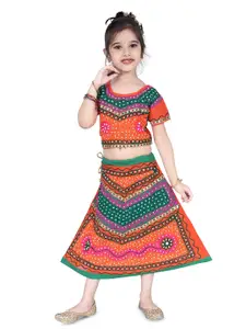 BAESD Girls Embroidered Mirror Work Ready to Wear Cotton Lehenga & Blouse