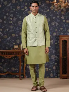 House of Pataudi Straight Kurta With Pyjamas & Embroidered Sequin Work Nehru Jacket