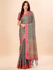 Mitera Green & Pink Woven Design Zari Silk Cotton Kanjeevaram Saree