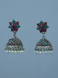Diksha collection Silver-Plated Stone Studded And Beaded Jhumkas