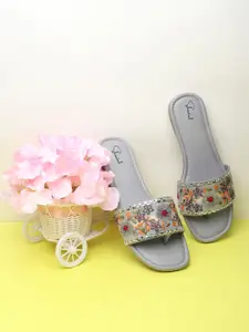 Shoestail Embroidered Open Toe Flats