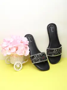 Shoestail Embellished Open Toe Flats