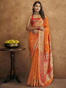 Mitera Orange & Green Woven Design Zari Paithani Saree
