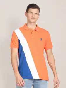 U.S. Polo Assn. Colourblocked Polo Collar Pure Cotton Slim Fit T-shirt