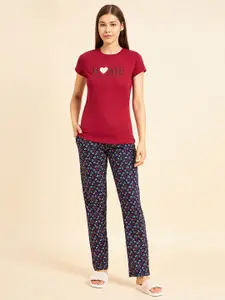 Sweet Dreams Red Printed Pure Cotton Short Sleeves Night Suit