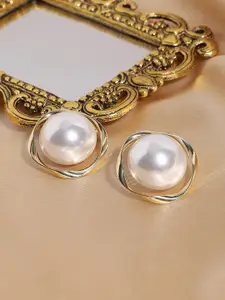 SOHI Gold-Plated Pearl Studded Circular Studs Earrings
