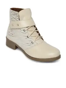 Marc Loire Women Cream-Coloured Printed Synthetic Leather Mid-Top Flat Boots