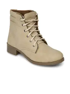 Marc Loire Women Beige Solid Synthetic Leather Mid-Top Flat Boots