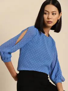 all about you Dobby Detail Cut-Out Puff Sleeves Top