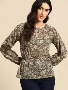 all about you Floral Print Puff Sleeves Cinched Waist Top