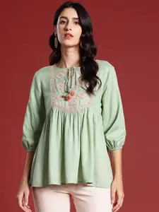 all about you Yoke Design Tie-Up Neck Pleated Kurti