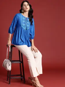 all about you Ethnic Motifs Embroidered Yoke Tie-Up Neck Puff Sleeves A-Line Top