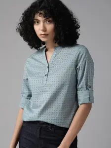 The Roadster Lifestyle Co. Geometric Printed Roll-Up Sleeves Pure Cotton Shirt Style Top