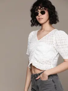 The Roadster Lifestyle Co. Schiffli Embroidered Cotton Ruched Crop Top