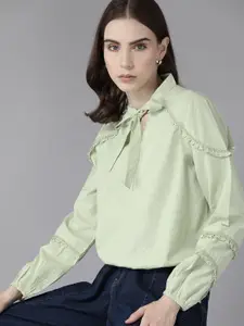 The Roadster Lifestyle Co. Tie-Up Neck Puff Sleeves Dobby Weave Ruffles Cotton Top