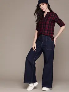 The Roadster Lifestyle Co. Checked Mandarin Collar Roll-Up Sleeves Shirt Style Top