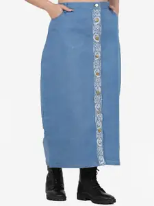 SUMAVI-FASHION SUMAVI-FASHION Embroidered Open Leg Denim A-Line Maxi Skirt