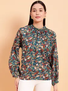 MINT STREET Paisley Printed High Neck Cuff Sleeve Crepe Top