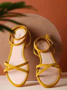 DressBerry Mustard Yellow Strappy Open Toe Flats