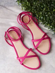 DressBerry Fuchsia Strappy Open Toe Flats