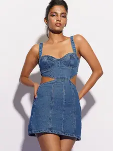 FREAKINS Blue Denim Cut Outs Cotton Sheath Mini Dress