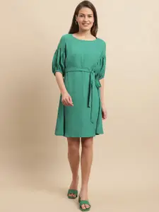 Just Wow Puff Sleeves Belted Crepe A-Line Dress