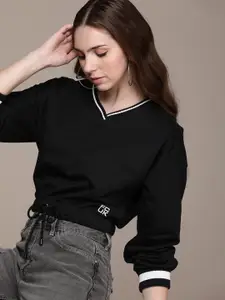 FCUK Solid V-Neck Long Sleeves Crop Sweatshirt