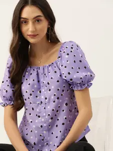 DressBerry Geometric Print Puff Sleeves Square Neck Top