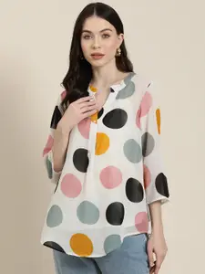 Qurvii Polka Dot Print Mandarin Collar Georgette Shirt Style Top