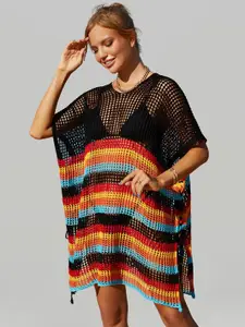JC Collection Striped Semi Sheer Swimwear Cover Up Dress