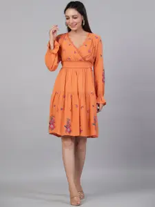 Aadews  Embroidered Smocked V-Neck Puff Sleeve Fit & Flare Dress