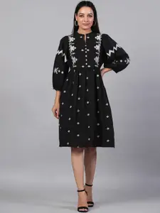 Aadews Embroidered Ethnic Motifs Monochrome Puff Sleeve Fit & Flare Pure Cotton Dress