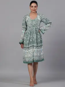 Aadews Ethnic Motifs Printed Bell Sleeves A-Line Dress
