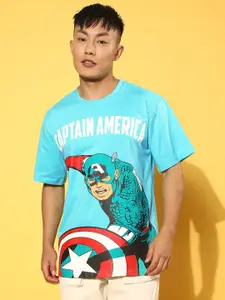 VEIRDO Blue Superhero Captain America Graphic Printed Oversized Cotton T-Shirt