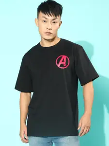 VEIRDO Black Marvel Avengers Typography Printed Graphic Pure Cotton Oversized T-shirt