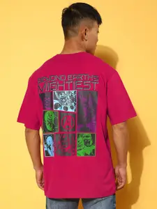 VEIRDO Magenta & Black Marvel Graphic Printed Loose Cotton T-Shirt