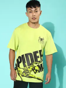 VEIRDO Men Lime Green & Black Spider Man Graphic Printed Loose Cotton T-Shirt