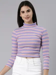 SHOWOFF Turtle Neck Horizontal Striped Acrylic Crop Top