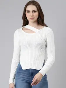 SHOWOFF Scoop Neck Long Sleeves Cut Out Detail Ribbed Woollen Fitted Top