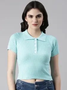 SHOWOFF Shirt Style Cotton Fitted Crop Top